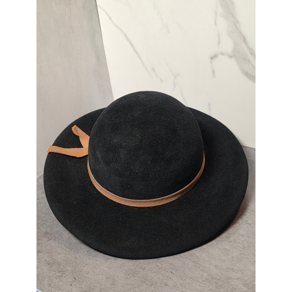 Don Kline Vintage Black Felt Wide Brim‎ Fedora-Style Cloche Hat Grosgrain Ribbon